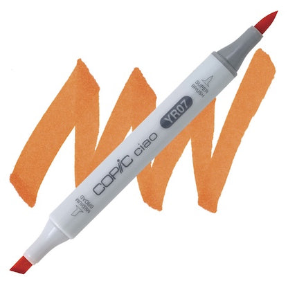 Copic Ciao marker in Cadmium Orange with a double-ended design, showing the tip and the barrel on a white background with orange paint smudges.