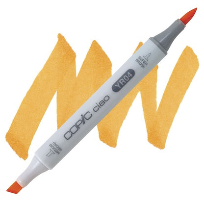 A double-ended Copic Ciao marker with a super brush tip on one end and a medium broad tip on the other, with a chrome orange ink color visible at the tip.