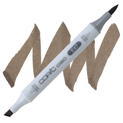 Copic Ciao marker in dark brown with a super brush tip and a medium broad tip combo, displayed on a white background with a swatch of dark brown color.
