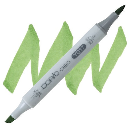 Copic Ciao marker in grass green color with a cap and a brush tip, shown alongside swatches of the marker's color.