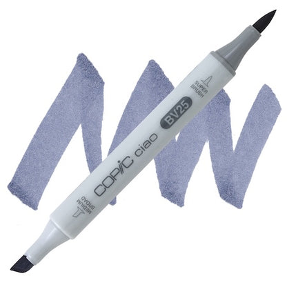 A Copic Ciao marker in grayish violet color with a替刷子 tip and a medium broad tip, shown with sample strokes of the color it can produce.