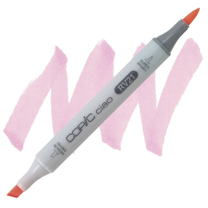 A Copic Ciao marker with a light pink cap and a white body, showing the dual tips and the brand name.