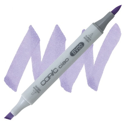 A Copic Ciao marker with a double-ended design, showing a brush tip on one end and a broad tip on the other, with a mauve shadow color.