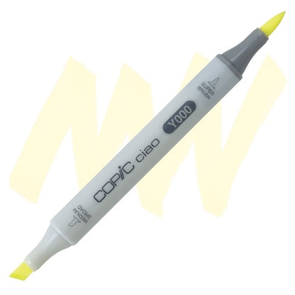 A Copic Ciao marker in pale lemon color with a medium broad tip and a brush tip, showing the cap and the replaceable tip.