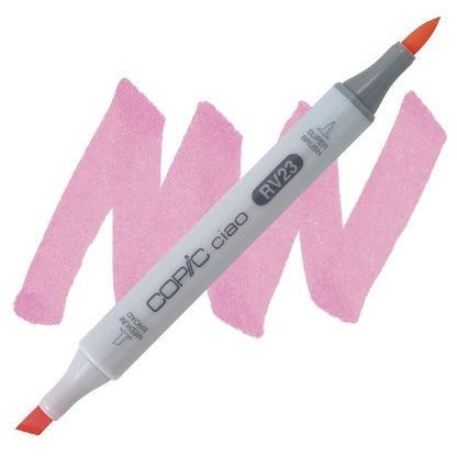 Copic Ciao marker in pure pink color with a dual-tip design, showing the super brush tip and a medium broad tip.