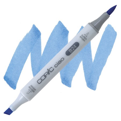 A Copic Ciao marker with a cap and a brush tip, primarily white in color with blue accents.