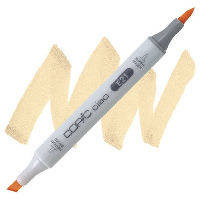 Copic Ciao marker in color Soft Sun with a brush tip on one end and a medium broad tip on the other, with a grey barrel and orange cap.