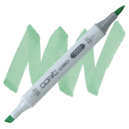 Copic Ciao marker with a double-ended design, showing a super brush tip on one end and a medium broad tip on the other, with a green color swatch behind it.