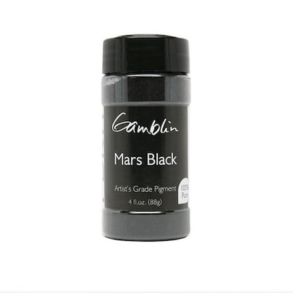 Jar of Gamblin Mars Black artist's grade pigment on a white background