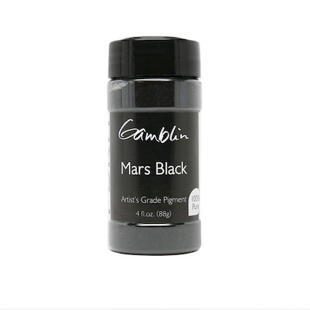 Jar of Gamblin Mars Black artist's grade pigment on a white background