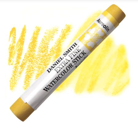 Yellow watercolor paint stick with visible brand name on a white background