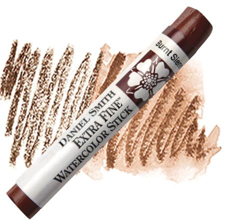Daniel Smith Extra Fine Watercolor Stick in Burnt Sienna with swatches on a white background