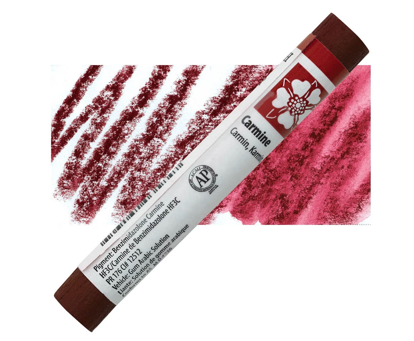Tube of Carmine pigment with color swatch on a white background