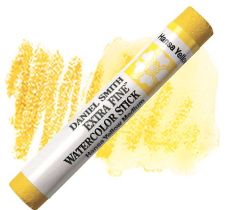 Daniel Smith watercolor stick with a swatch of Hansa Yellow on a white background