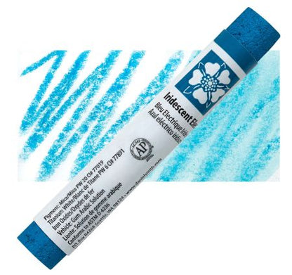 Blue crayon with Indescent branding on a white background