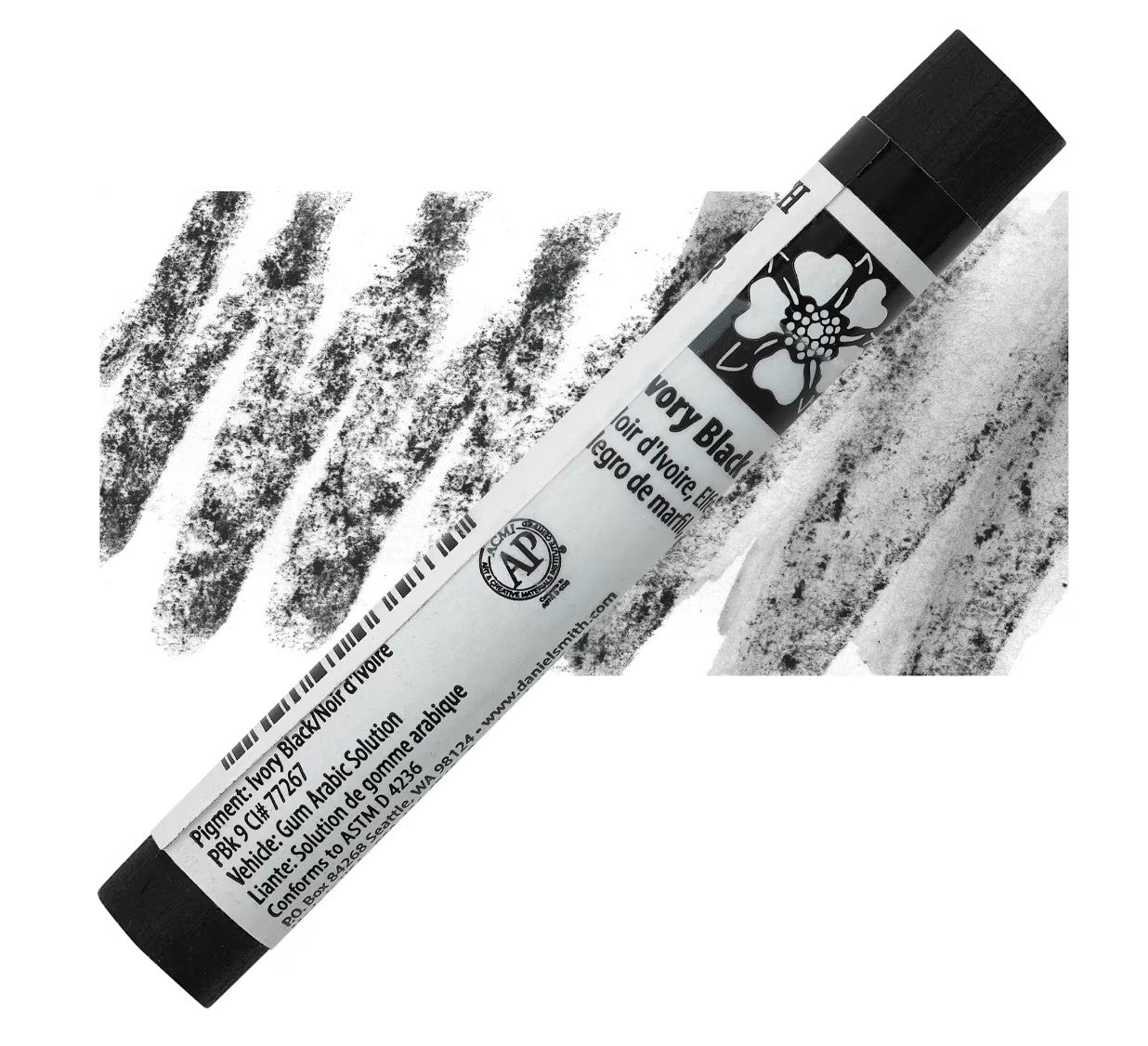 Tube of black paint with artistic black strokes on a white background