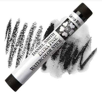 Daniel Smith Extra Fine Watercolor Stick with black watercolor swatches on a white background