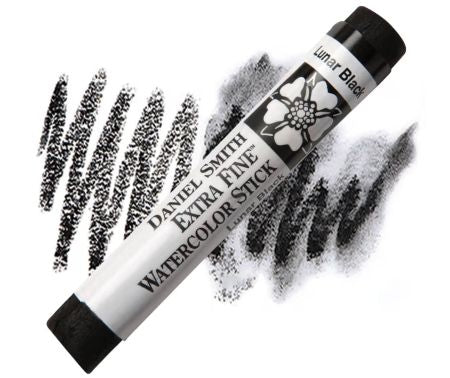 Daniel Smith Extra Fine Watercolor Stick with black powder and brush strokes on a white background