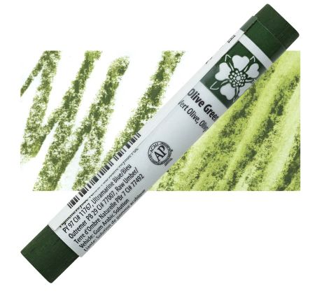 Green paint tube labeled 'Olive Green' with color swatches on a white background