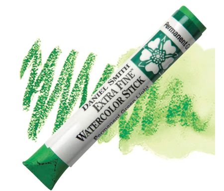 Green watercolor stick with swatch of color on a white background