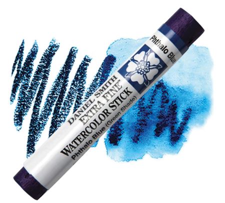 Watercolor stick with blue watercolor swatch on a white background
