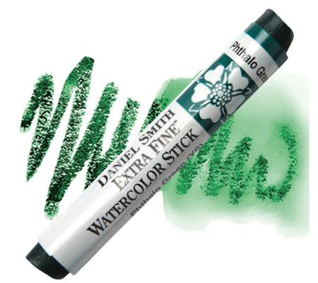 Green watercolor stick with swatch of color on a white background