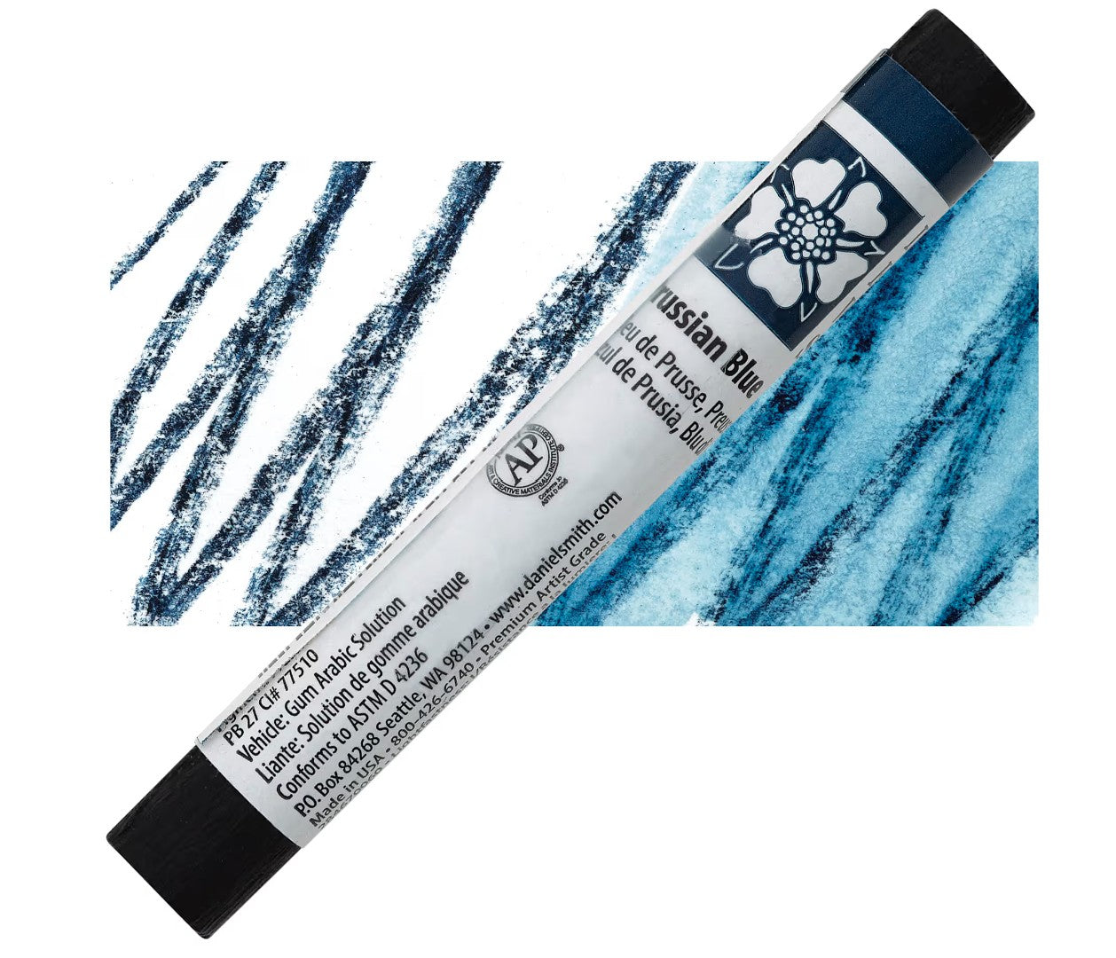 Tube of Russian Blue paint with sample swatches on a white background