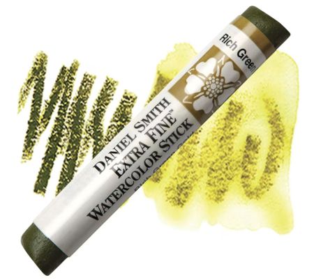 Daniel Smith Extra Fine Watercolor Stick in Rich Green on a white background with watercolor swatches.