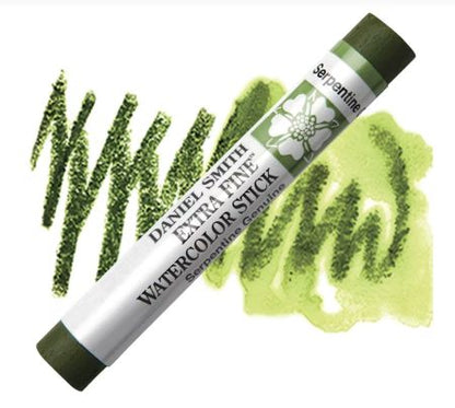 Sergeantine watercolor stick with green swatches on a white background
