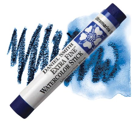 Daniel Smith watercolor stick with blue watercolor swatch on a white background