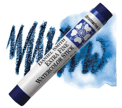 Daniel Smith watercolor stick with blue watercolor swatch on a white background