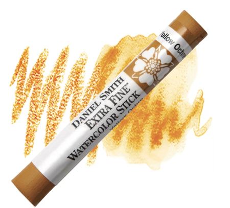 Daniel Smith Extra Fine Watercolor Stick in Yellow Ochre with color swatch on white background