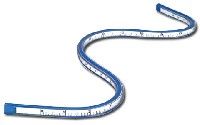 Blue measuring tape coiled up on a white background