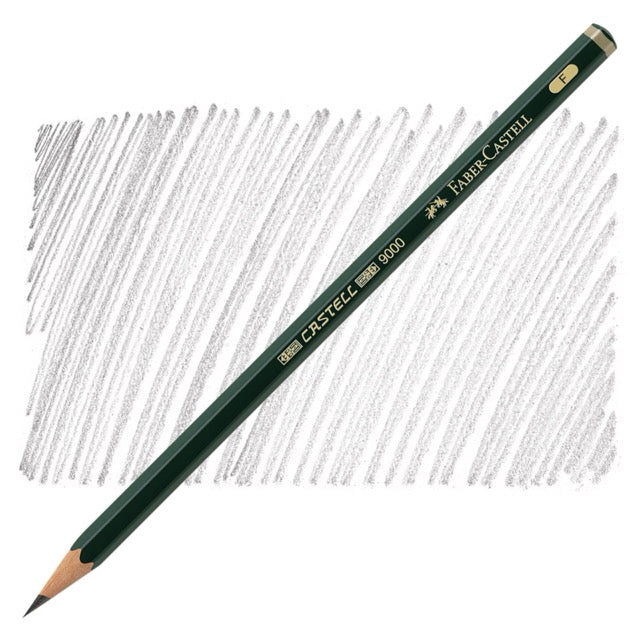Faber-Castell 9000 pencil on a white background with sketched lines.