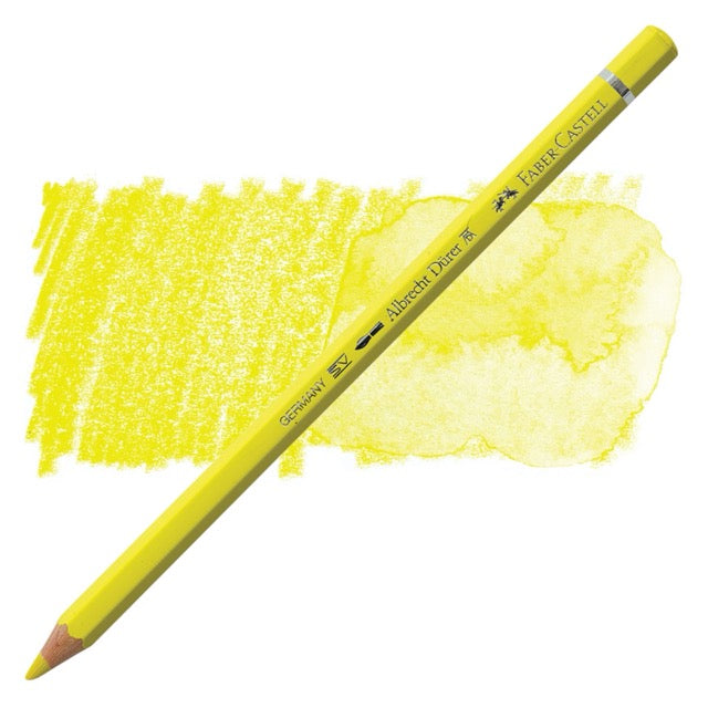 Yellow colored pencil with a sample of color on a white background