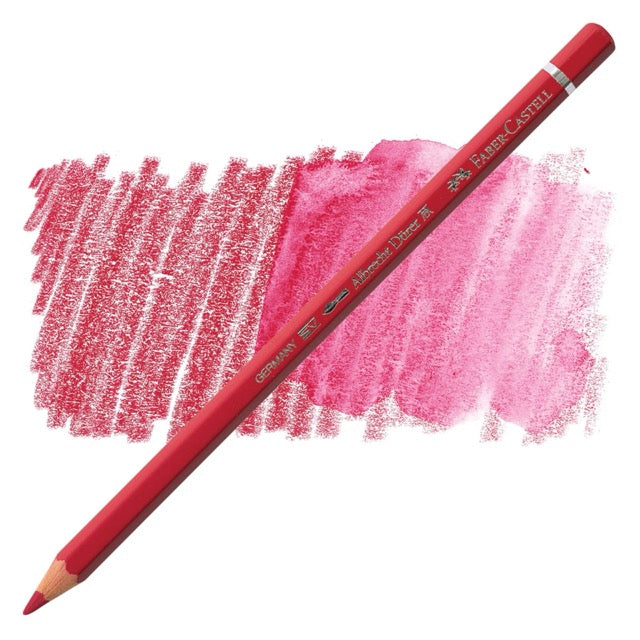 Red colored pencil with pink color swatch on a white background
