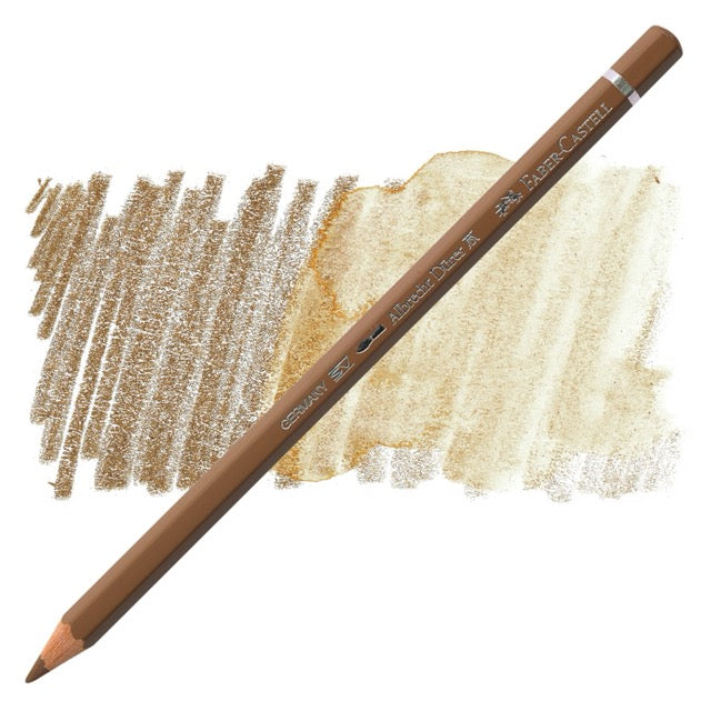 Brown colored pencil with color swatches on a white background