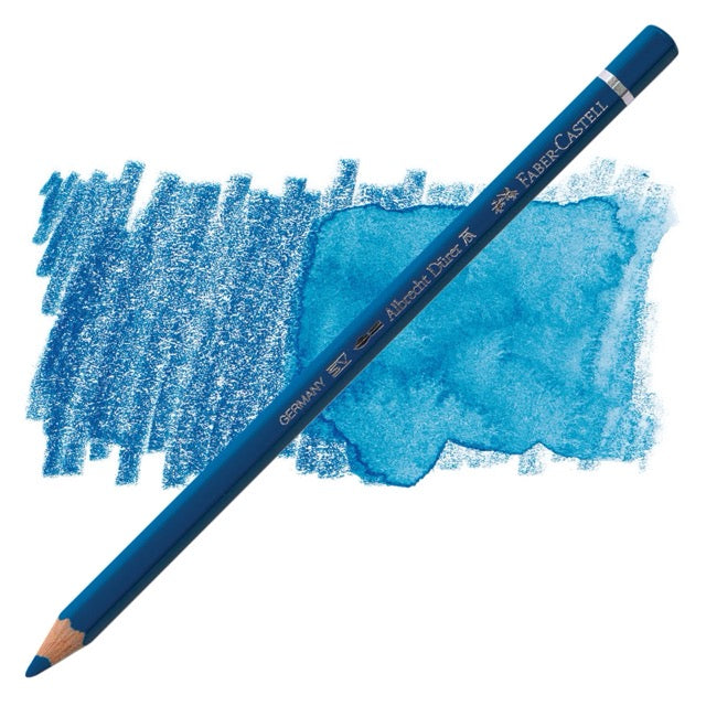 Blue colored pencil with a sample of blue color swatch on a white background