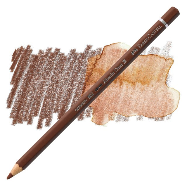 Brown colored pencil with color swatches on a white background