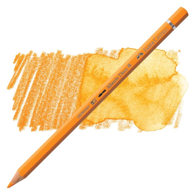 Orange colored pencil with a sample of color swatch on a white background