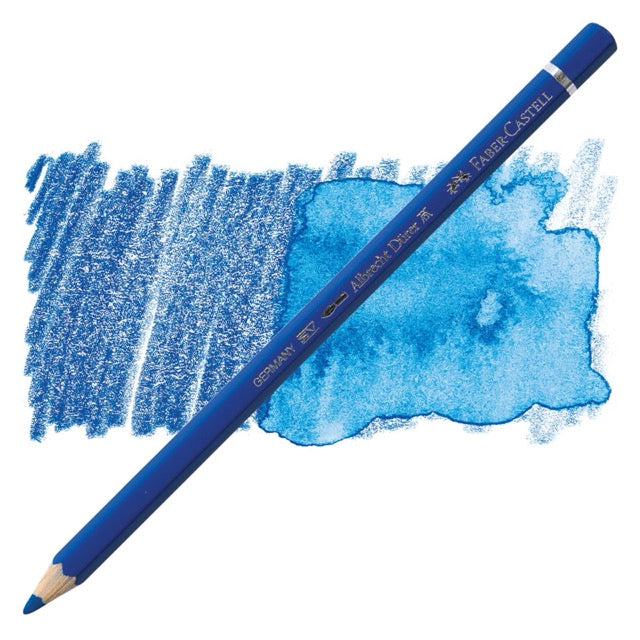 Blue colored pencil with a sample of blue color swatch on a white background