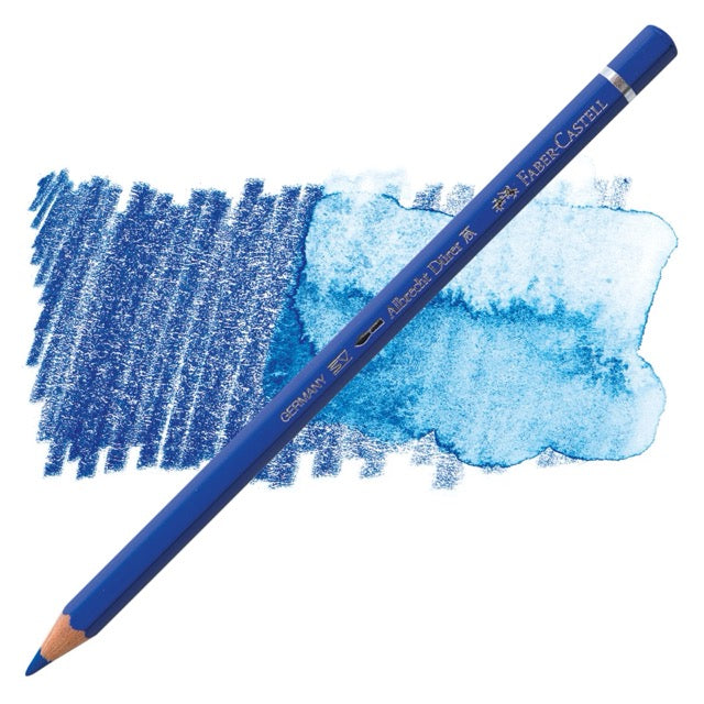 Blue colored pencil with a sample of blue color swatch on a white background