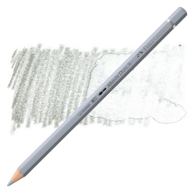 Gray colored pencil with a sample drawing on a white background