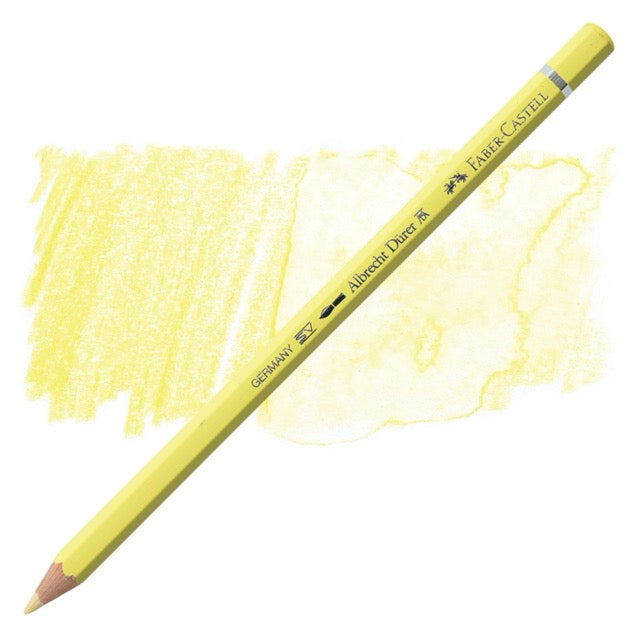 Yellow colored pencil with a swatch of color on a white background, featuring the brand 'Faber-Castell'.
