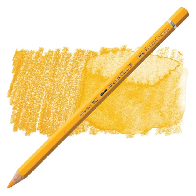 Yellow colored pencil with a sample of yellow color swatch on a white background
