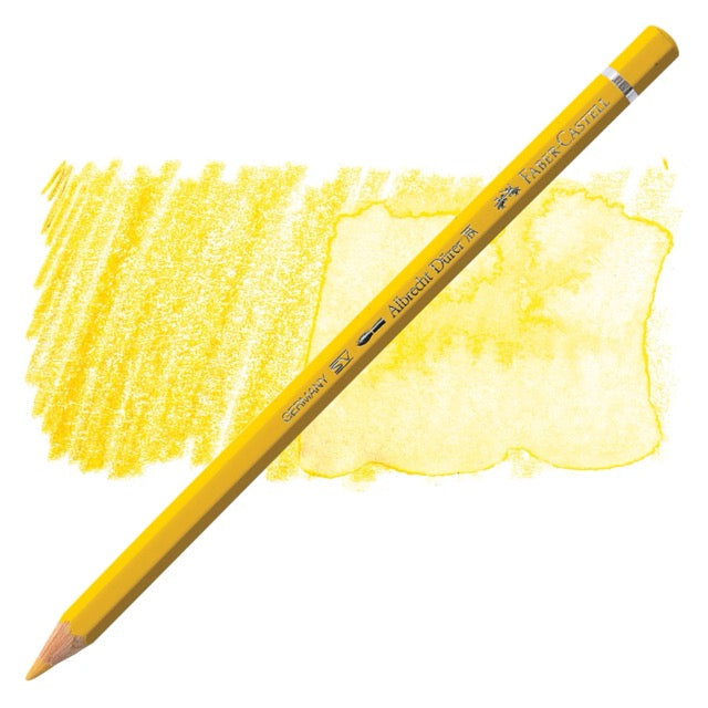 Yellow colored pencil with a sample of yellow color swatch on a white background