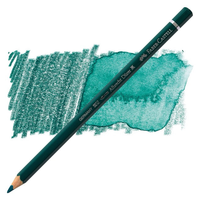 Faber-Castell color pencil with a sample of green color on a white background