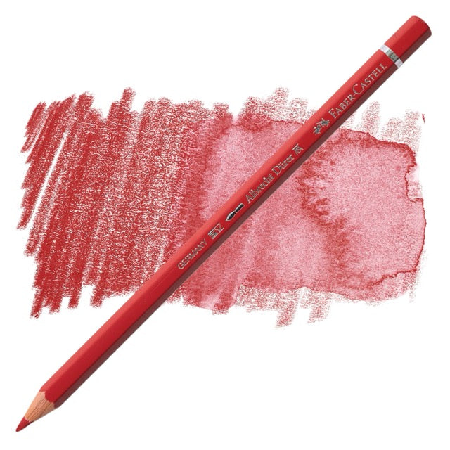 Red colored pencil with a color swatch on a white background