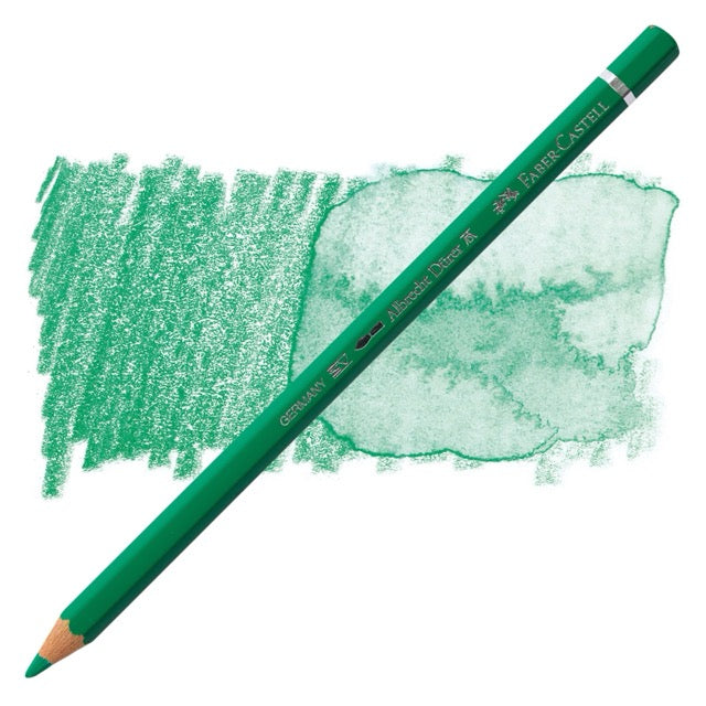 Green colored pencil with a color swatch on a white background