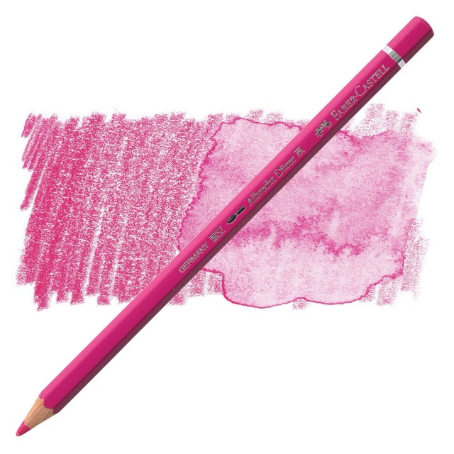 Pink colored pencil with a pink color swatch on a white background